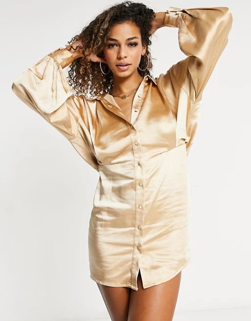 Pretty Lavish button up shirt mini dress with volume sleeve in peach gold | ASOS (Global)
