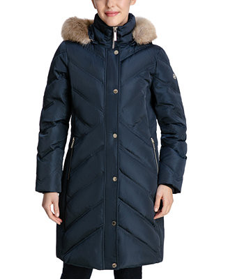 Michael Kors Women's Chevron Faux-Fur-Trim Hooded Down Puffer Coat, Created for Macy's & Reviews ... | Macys (US)