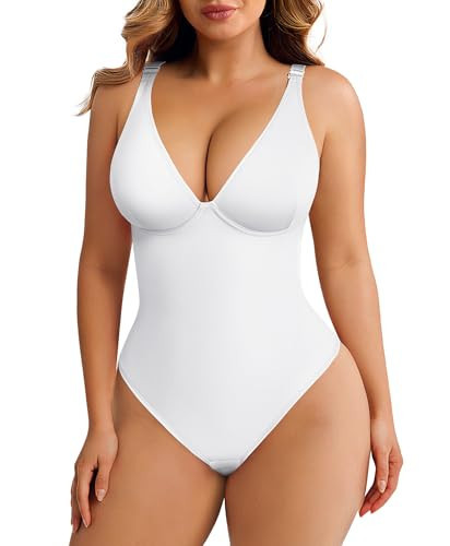 FeelinGirl White Bodysuit for Women Body Suits Tummy Control Corset Top Thong V Neck Shape wear, M | Amazon (US)