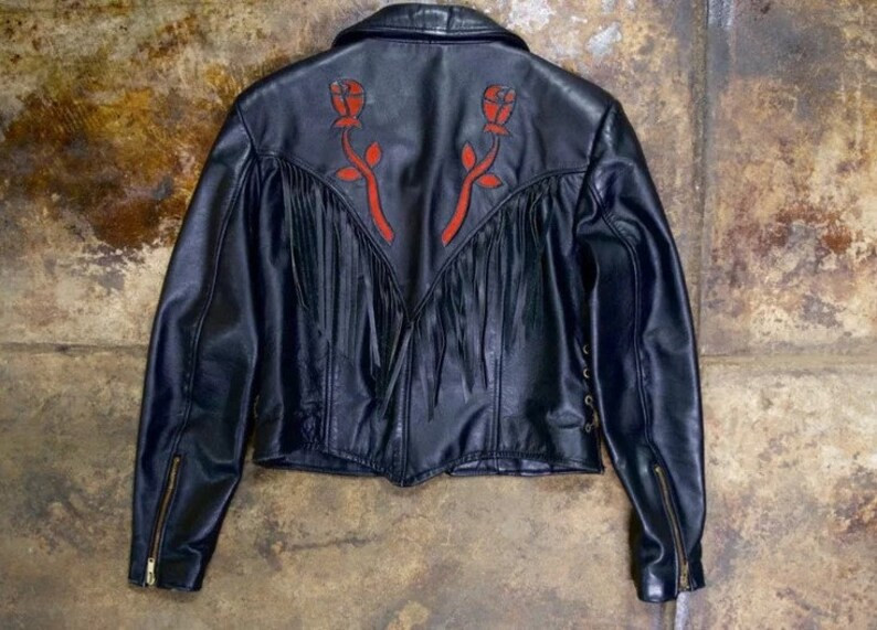 1980s Protect Leather Red Rose Detail Black Fringe Jacket - Etsy | Etsy (US)