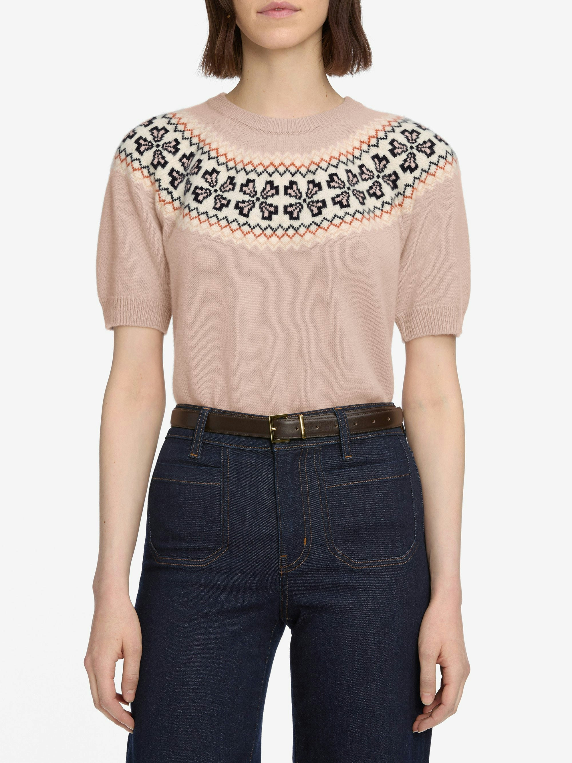 The Cashmere Fairisle Crew Sweater -- Pink Sand | Frame Denim