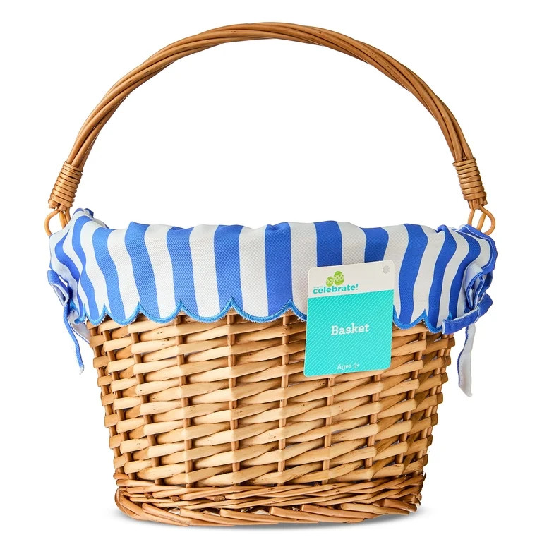 Round Willow Basket with Scalloped Stripe Liner, Natural Brown/Blue/White, 11.5" x 8", Easter by ... | Walmart (US)