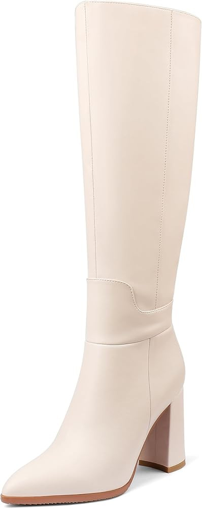 Women's Leather Boots Middle Thin Heels Shoes Zipper Knee High Boots | Amazon (US)