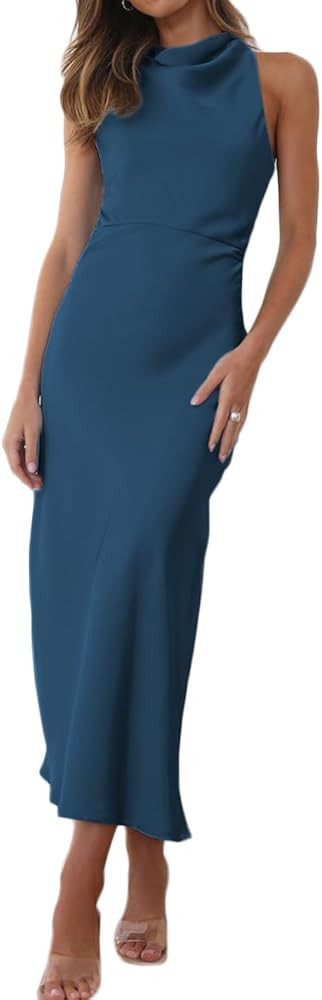 Halfisland Satin High Neck Backless Sleeveless Midi Dresses for Women Elegant Mock Neck High Wais... | Amazon (US)