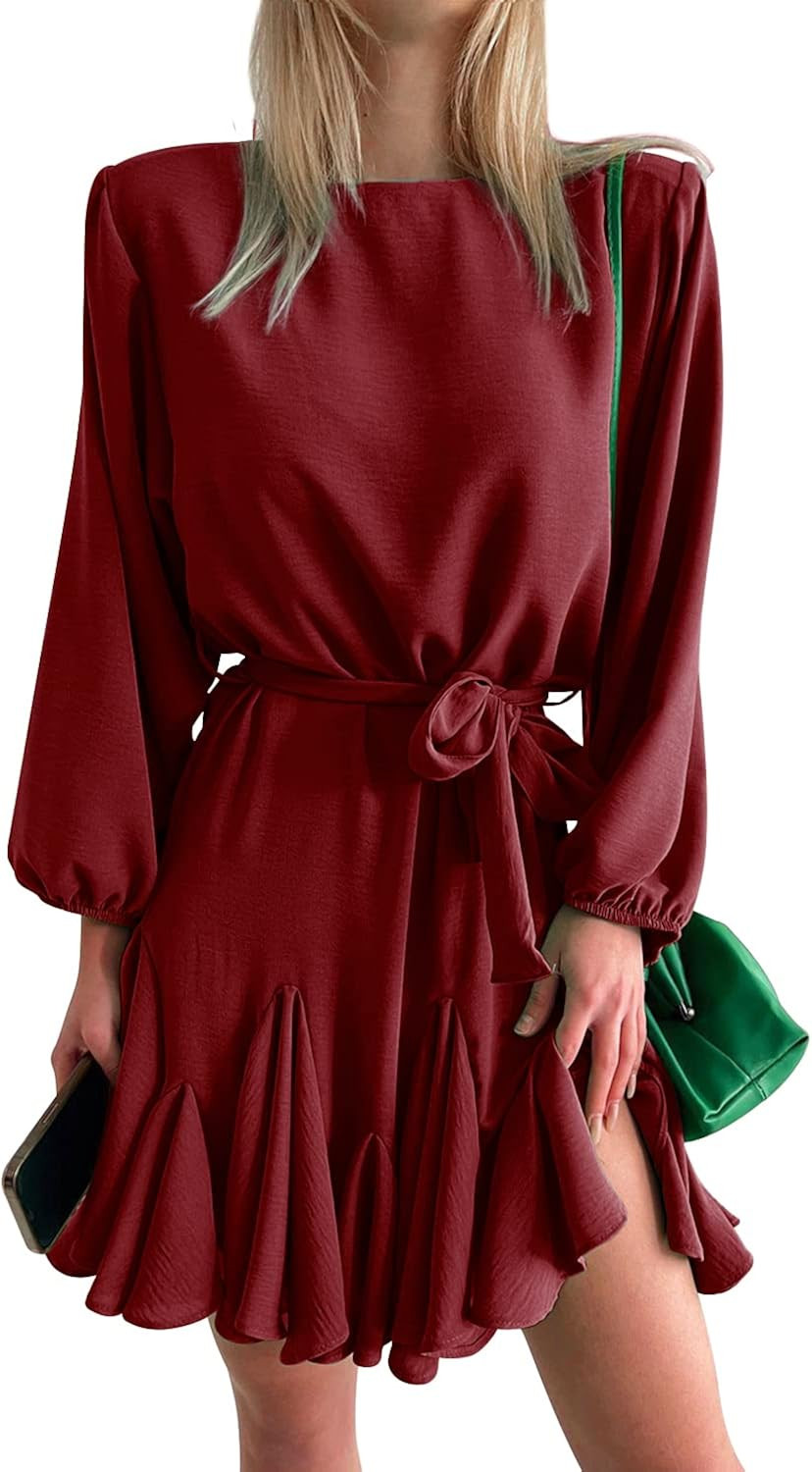 Flowyair Women's Long Sleeve Mini Dress Elegant Formal Wedding Guest Dress Ruffle Swing Party Dre... | Amazon (US)