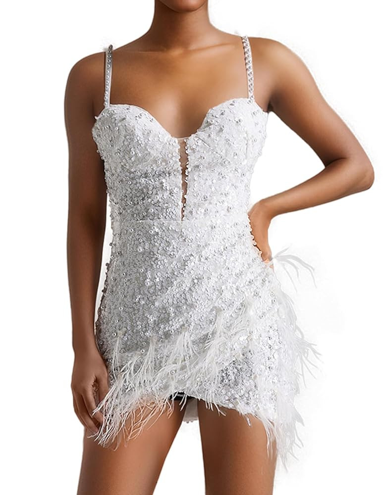 BELLA BARNETT White Mini Dress Women Spaghetti Strap Backless Dress Diamond Feather Dress Low Cut... | Amazon (US)