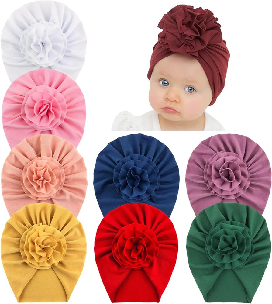 inSowni 8 Pack Solid Nursery Hospital Turban Hat Cap Beanie Bonnet with Flower for Baby Girls Tod... | Amazon (US)