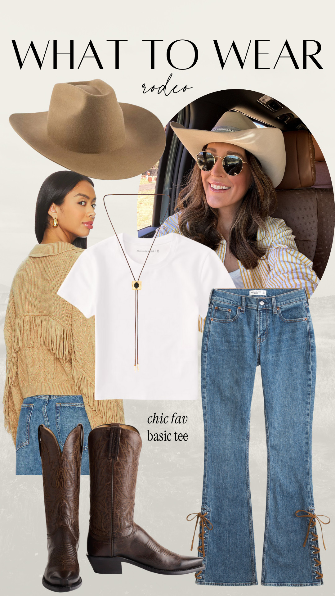 Rodeo outfit! Tan fringe jacket, white baby tee, western denim, brown luchesse boots, cowboy hat, womens bolo tie 

 #LTKootd