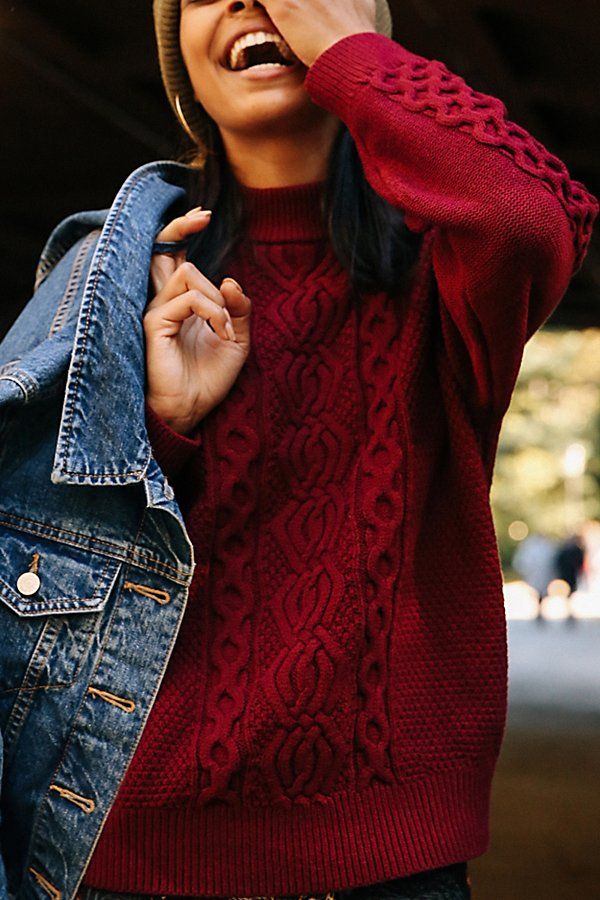 UO Austin Mock-Neck Cable Knit Sweater - Red XS at Urban Outfitters | Urban Outfitters (US and RoW)