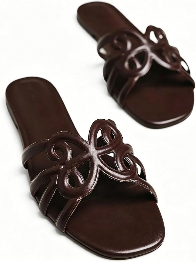 Flat Sandals for Women Slip on Slide Sandals Square Open Toe Summer Comfortable Slippers Women's ... | Amazon (US)
