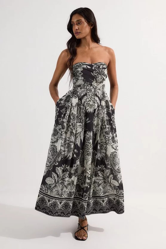 Tile Silk Cotton Bustier Woven Prom Dress | Karen Millen UK + IE + DE + NL