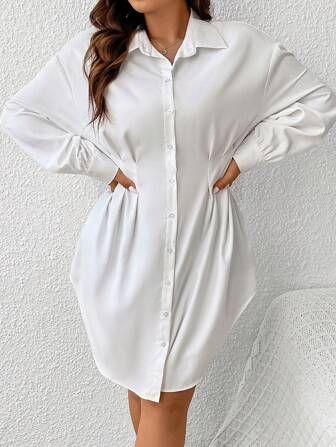 SHEIN Frenchy Plus Drop Shoulder Fold Pleated Detail Curved Hem Shirt Dress | SHEIN
