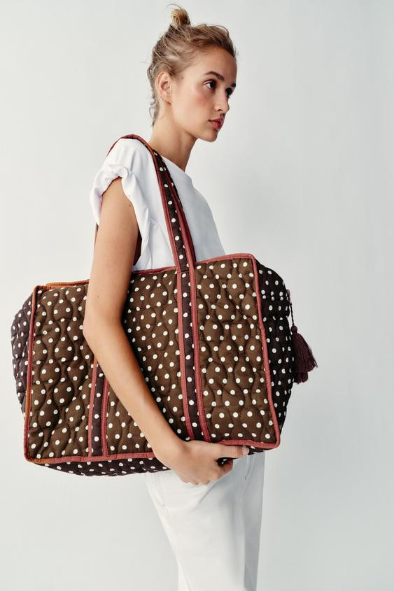 Zara - Polka Dot Quilted Bag - Brown - M - Woman | Zara US