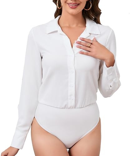 PBQOA Womens White Button Down Bodysuit Long Sleeve Button Up Shirt for Women Professional Collared Plus Size,XXL | Amazon (US)