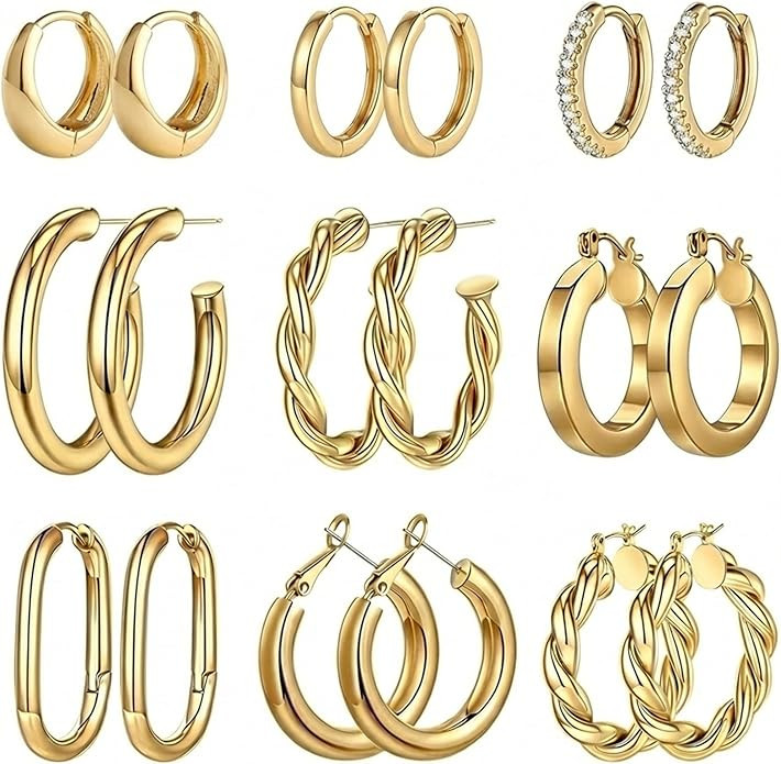 Gmai 9 Pairs 14K Gold Hoop Earrings for Women Gold Plated Brass Chunky Huggie Earrings,Nickel-Fre... | Amazon (US)