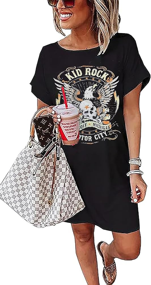 Vintage Rock Country Music Dress for Women Rock Concert Band Graphic Tshirt Casual Letter Print S... | Amazon (US)