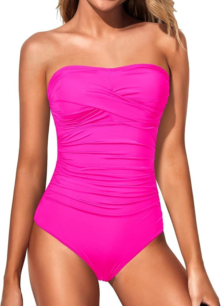 Yonique Womens Strapless One Piece Swimsuit Tummy Control Bandeau Bathing Suits Slimming Twist Fr... | Amazon (US)