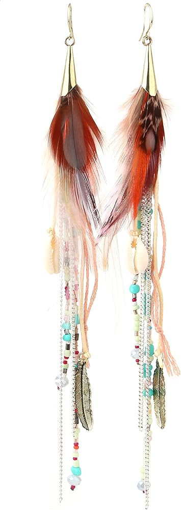 Bohemian Feather Dangle Earrings for Women with Shell Beads Long Tassel Design Drop Earrings | Amazon (US)