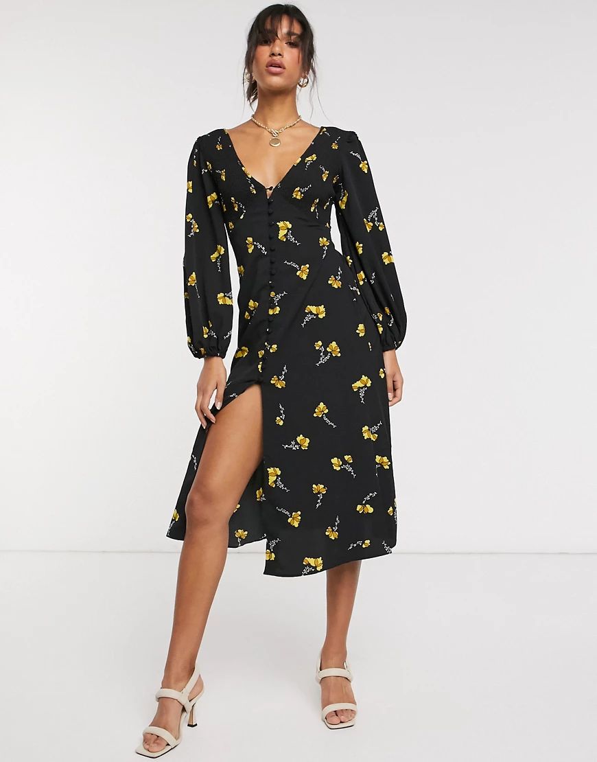 ASOS DESIGN v neck button-up midi dress with shirring in floral print-Multi | ASOS (Global)