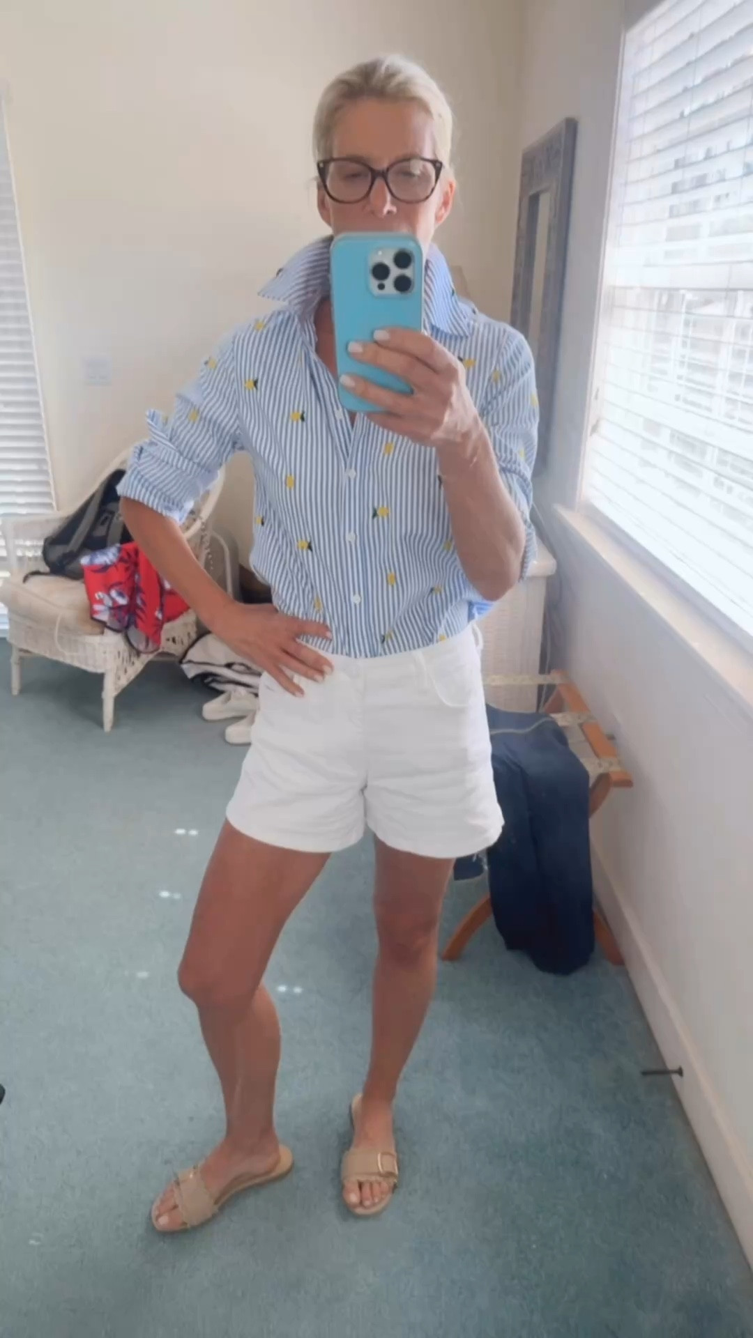 Cute ootd lunch outfit!  Casual striped button down with the best white denim shorts ever! 

#LTKOver40 #LTKootd #LTKSpringSale