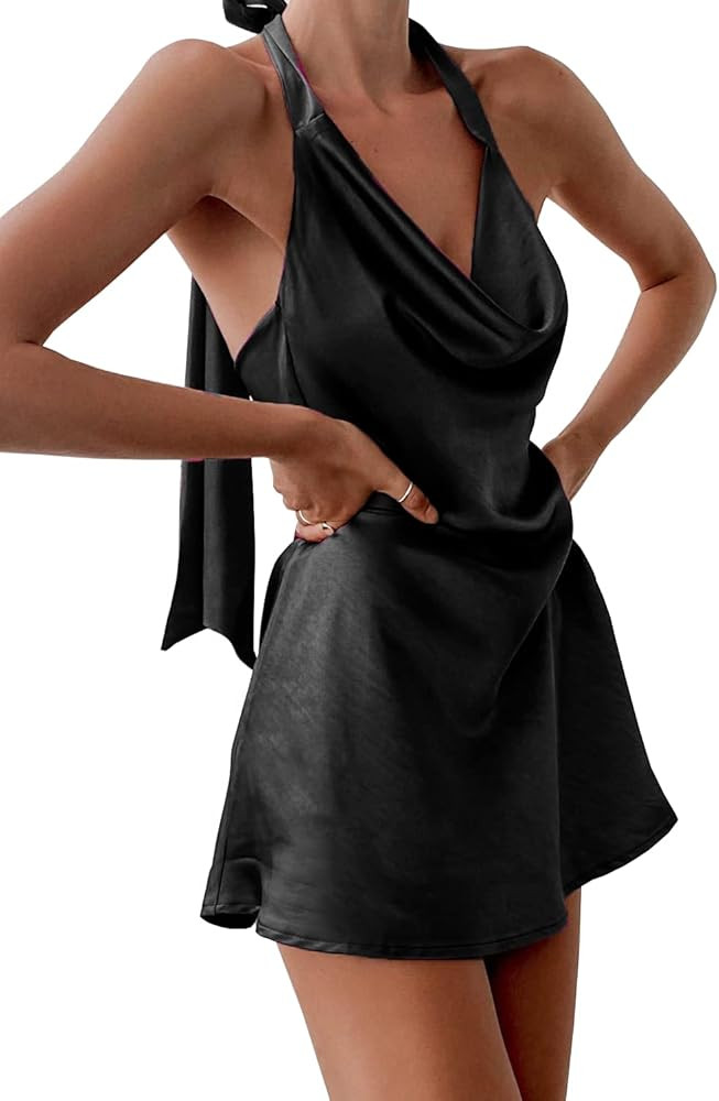 Cantonwalker Women's Cowl Neck Halterneck Slip On Backless Satin Mini Dress Sexy Silky Party Club... | Amazon (US)