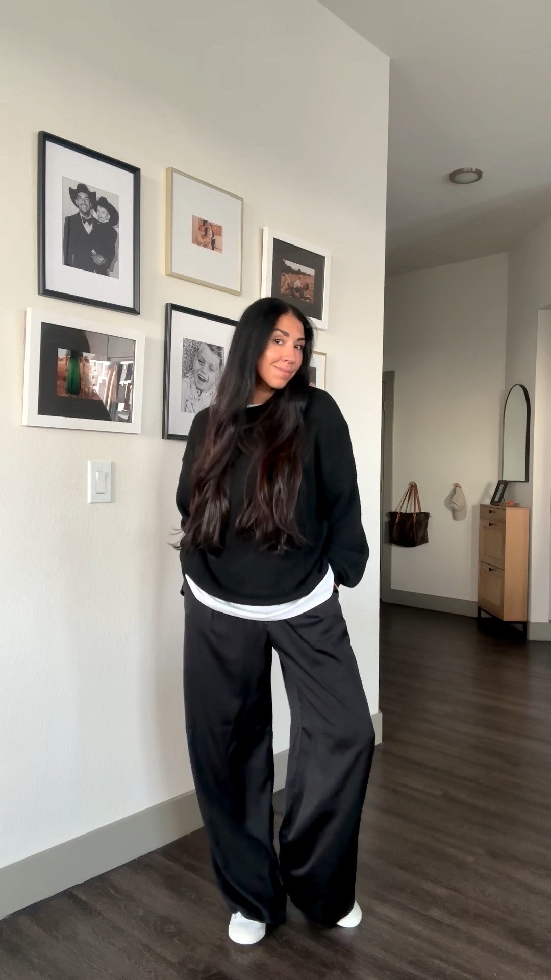 Several ways to style these black satin pants that feel like pajamas and Nike high tops that are already becoming a fall favorite. Cozy, easy, and exactly my kind of comfortable.

Sweater: Medium, pants: medium
