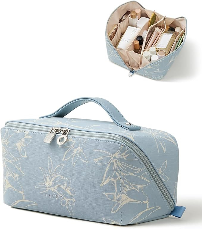 EACHY Travel Makeup Bag,Large Capacity Cosmetic Bags for Women,Waterproof Portable Pouch Open Fla... | Amazon (US)