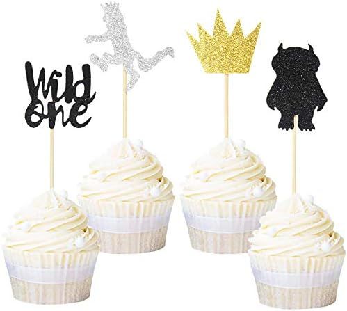 24 PCS Glitter Where The Wild Things Are Inspired Cupcake Toppers Wild one Crown Cupcake Picks Baby  | Amazon (US)