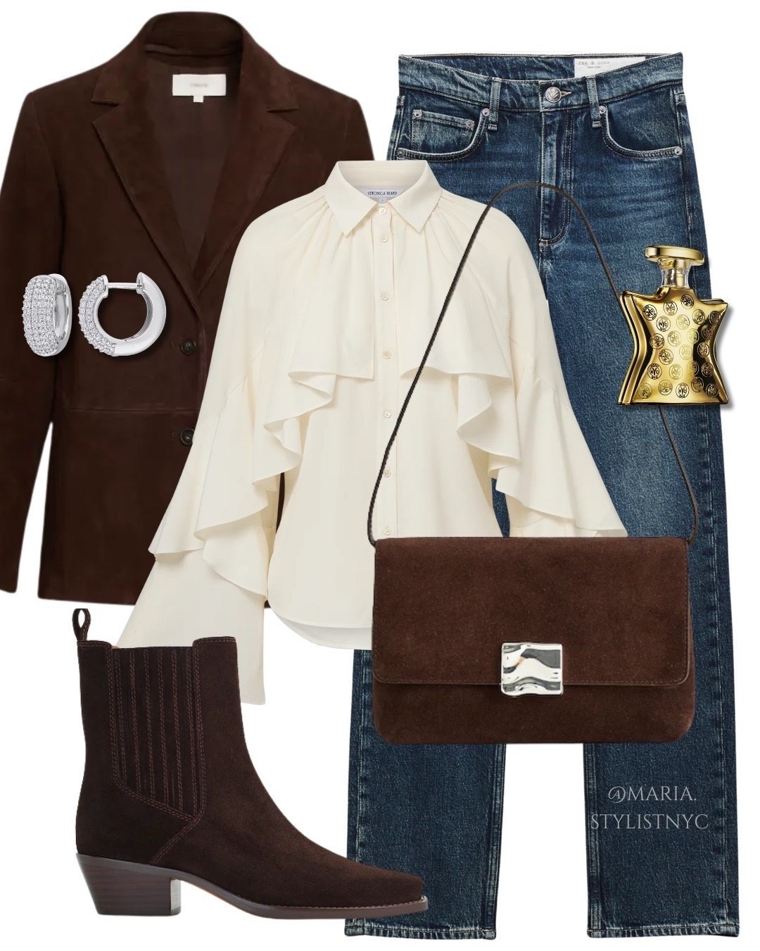 ✨ Elegance Meets Effortless Chic ✨
A rich dark brown suede blazer and matching suede Western-style ankle boots are paired with a cream ruffled blouse for texture. Finished with dark wash straight-leg jeans, a brown suede crossbody bag, silver pavé hoop earrings, and a spritz of Bond No. 9 New York Nights perfume.

#LTKSeasonal #LTKSaleAlert #LTKootd