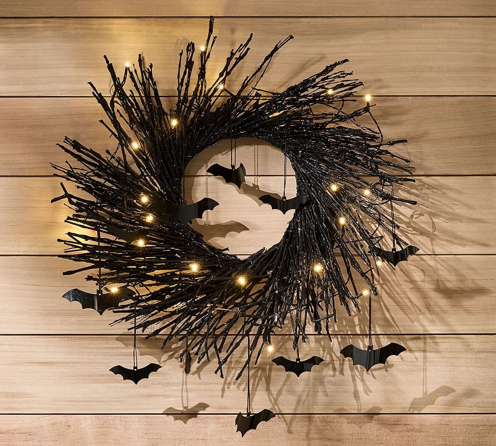 Lit Handcrafted Glitter Branch Wreath with Bats | Pottery Barn (US)