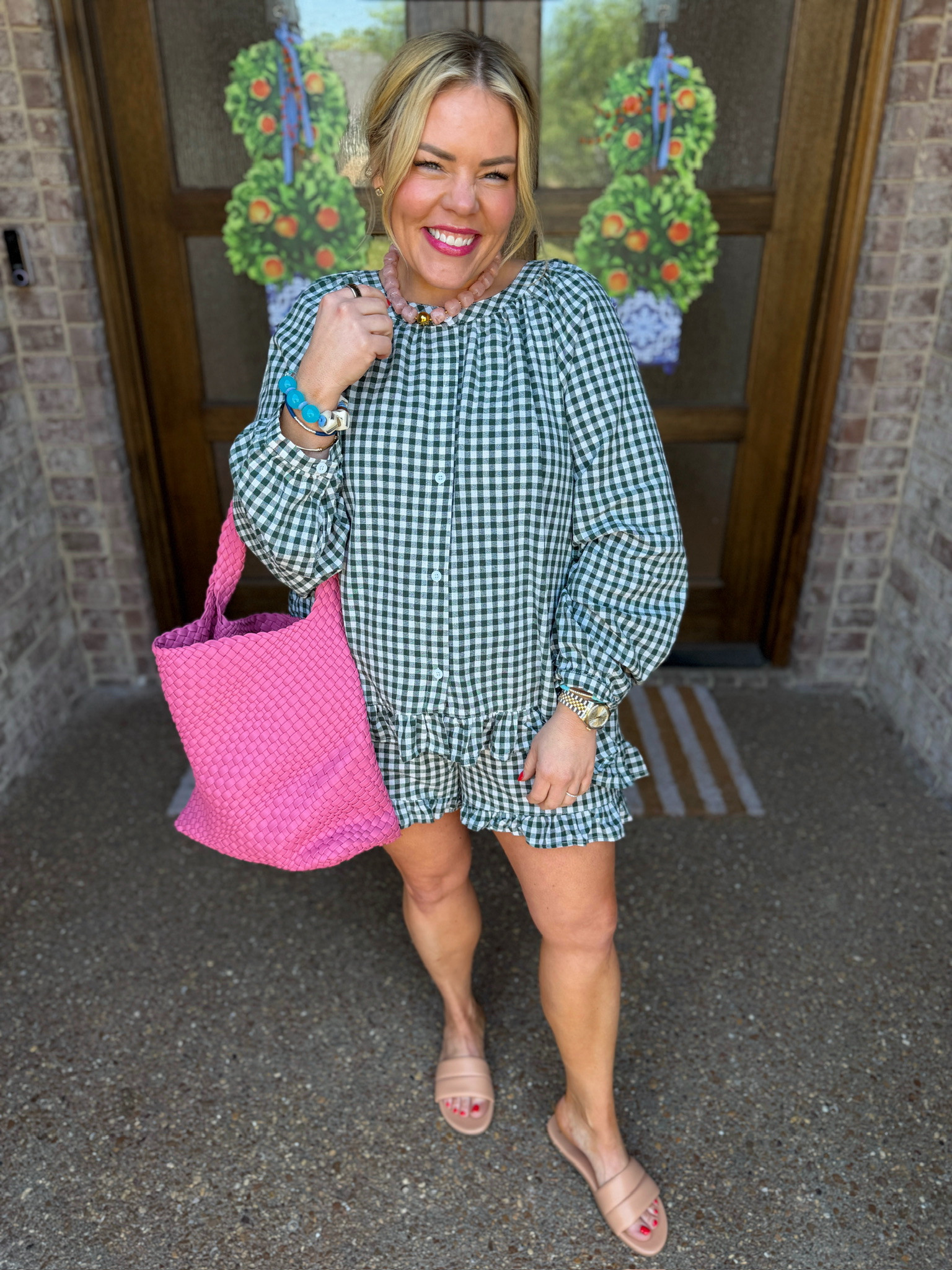 This green gingham ruffled set from Amazon is just the absolute cutest! Everything about these ruffles is giving major spring vibes, and I’m totally obsessed with how that hot pink bag makes the whole look pop. 💚💖 

 #LTKgrwm #LTKootd #LTKSeasonal