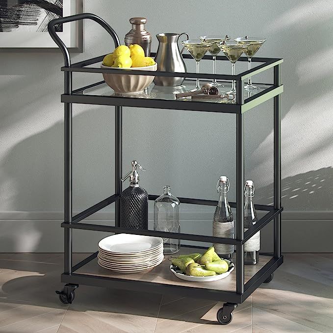 Nathan James Carter Rolling Bar Tea or Cocktail, 2-Tiered Glass Serving Cart with Metal Frame, Bl... | Amazon (US)