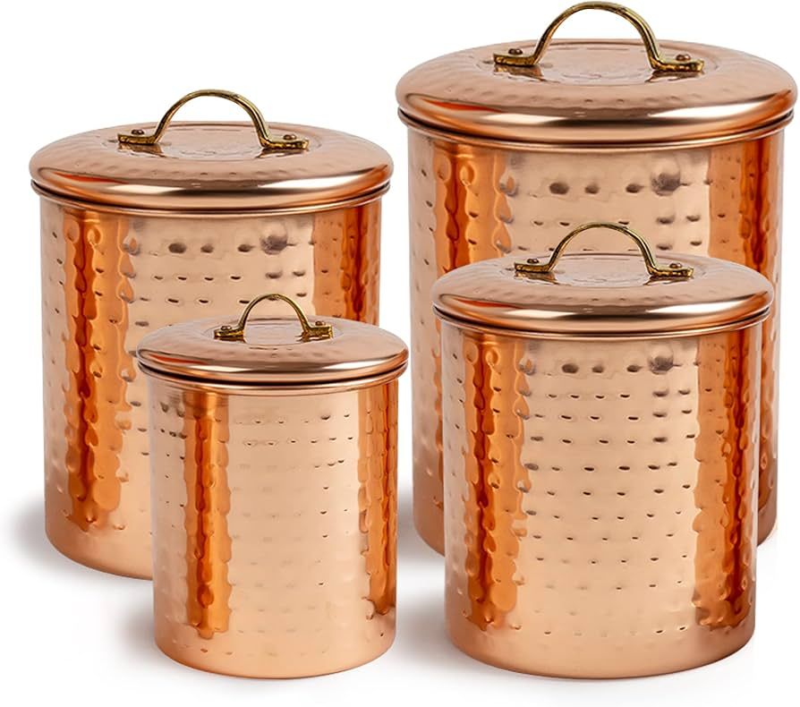 nu steel (Set of 4) Air Tight Copper Plated Antique Food Canister & Caddy - Stainless Steel & Cop... | Amazon (US)