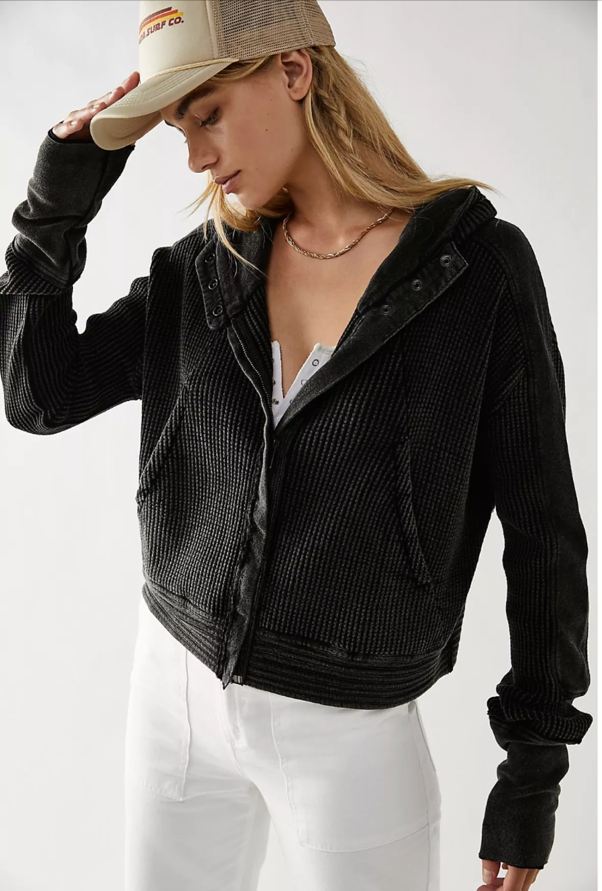 Cropped Borg Hooded Long Sleeve Jumper