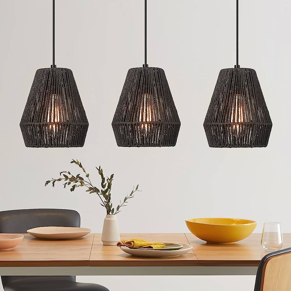 ELYONA Modern Woven Pendant Light Fixtures, 7" Farmhouse Coastal Hanging Lamp, Matte Black Handwo... | Amazon (US)