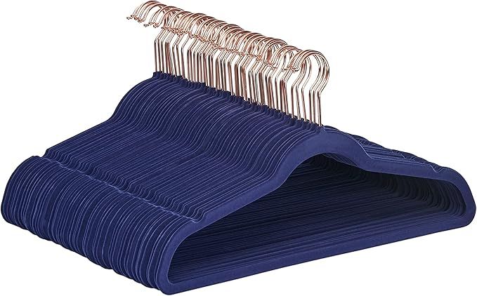 Amazon Basics Slim, Velvet, Non-Slip Suit Clothes Hangers, Navy Blue/Rose Gold - Pack of 50 | Amazon (US)