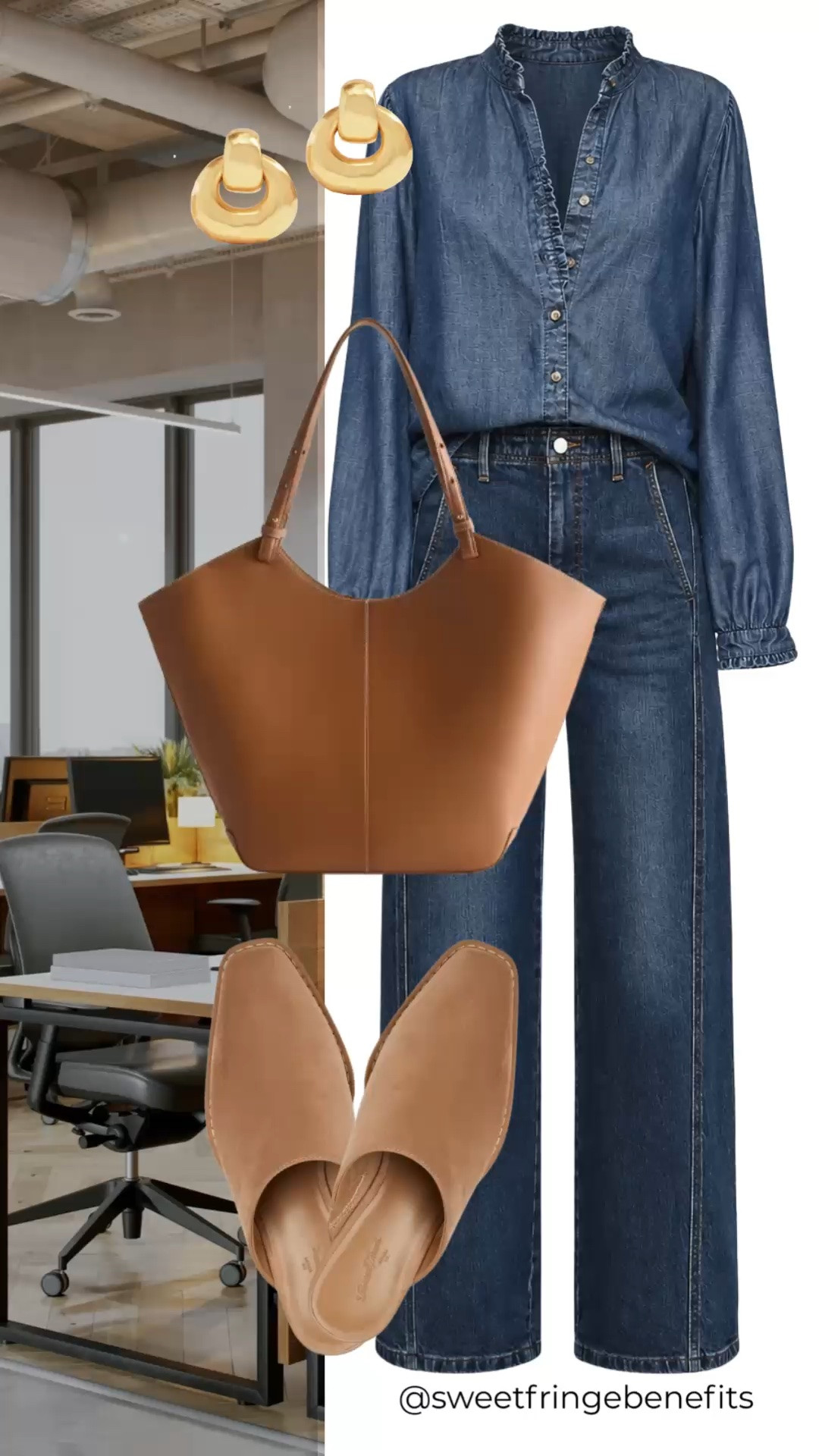 This denim blouse and matching jeans make a polished monochromatic look that’s easy to wear. The cognac tote and suede mules add warmth and texture, making this a great office-to-evening combination.

💡 LTK MADE EASY
❤️ Heart = Support my posts!
🔖 Save = Get sale & restock alerts
📋 Lists = Keep favorites organized
📲 Share = Send lists and products to a friend. Hello, Christmas List!
💬 Comment = Ask me anything about what I'm wearing.:-)

#LTKdayinmylife #LTKgrwm #LTKootd