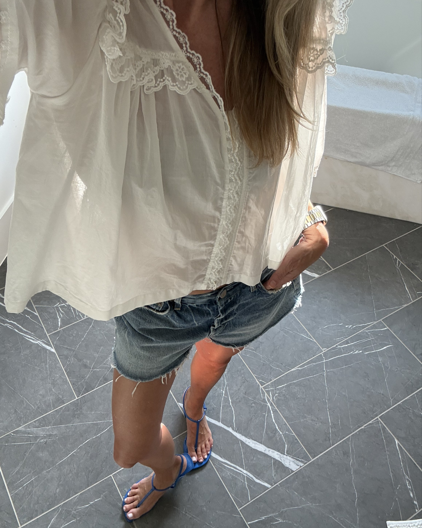 I sized up 1 in shorts for loose fit

Blouse - my exact one is sold at Hemline; brand is Hausen 

Blue sandals - they keep restocking; few sizes left now; also linked more blue ones that are super cute! The blue is so cute with all your denim 💙