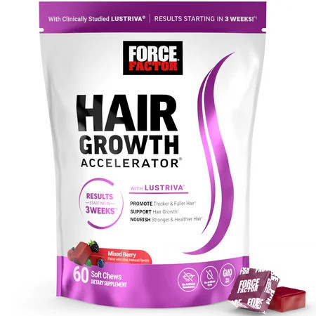 Force Factor Hair Growth Accelerator, Hair Growth Vitamins for Women & Men with Clinically Studied Lustriva & Biotin, Mixed Berry, 60 Soft Chews | Walmart (US)