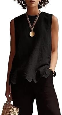 Wuitrie Women's Linen Sleeveless Blouse Elegant Crew Neck Scalloped Hem Tank Top for Casual Offic... | Amazon (US)
