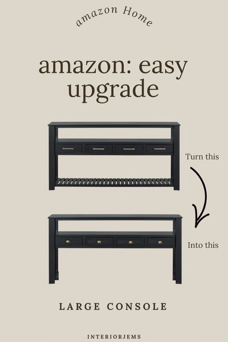I’m always thinking of how I can change a piece to make it mine, it looks like it would be possible to leave off the bottom shelf and leave off the hardware and add these brass knobs. It’s an instant upgrade and looks so much better, Amazon large consul table.

#LTKHome #LTKSaleAlert #LTKStyleTip