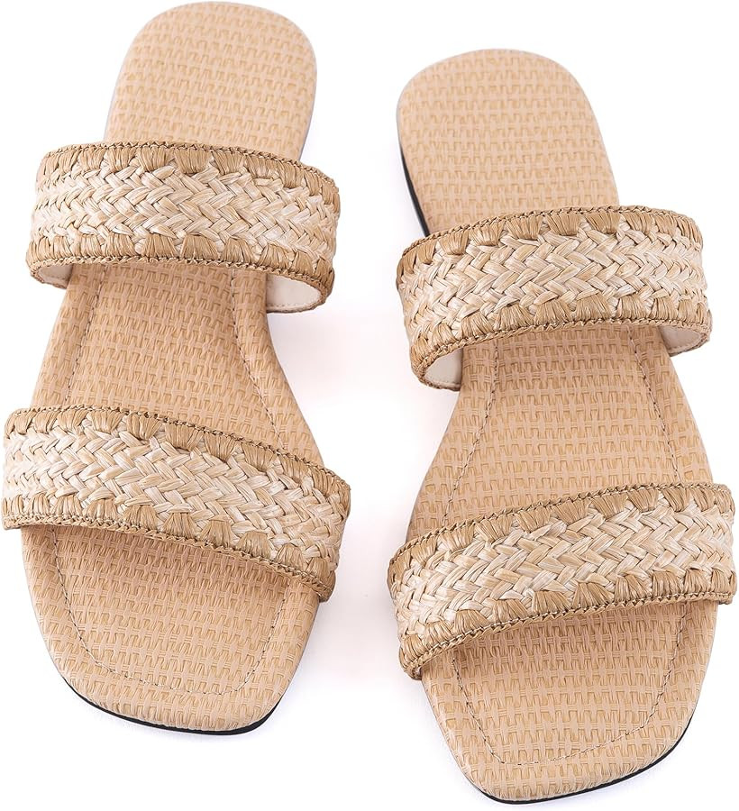 Mtzyoa Women's Sandals Casual Braided Dressy Summer Square Toe Quilted Flat Sandals | Amazon (US)