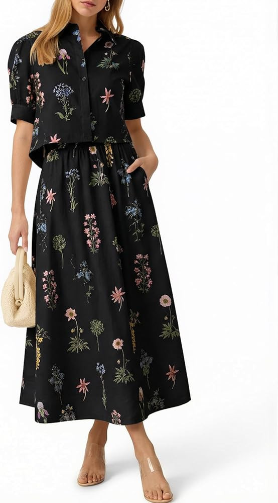 Tankaneo Womens Floral 2 Piece Skirt Set Summer Puff Sleeve Crop Blouse and Maxi Dress Outfits Ma... | Amazon (US)