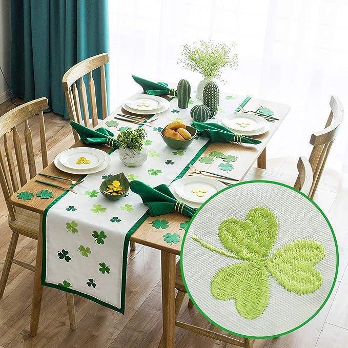 Cassiel Home St Patrick's Day Shamrock Embroidery Irish Green Clovers White Table Runners Table ... | Amazon (US)