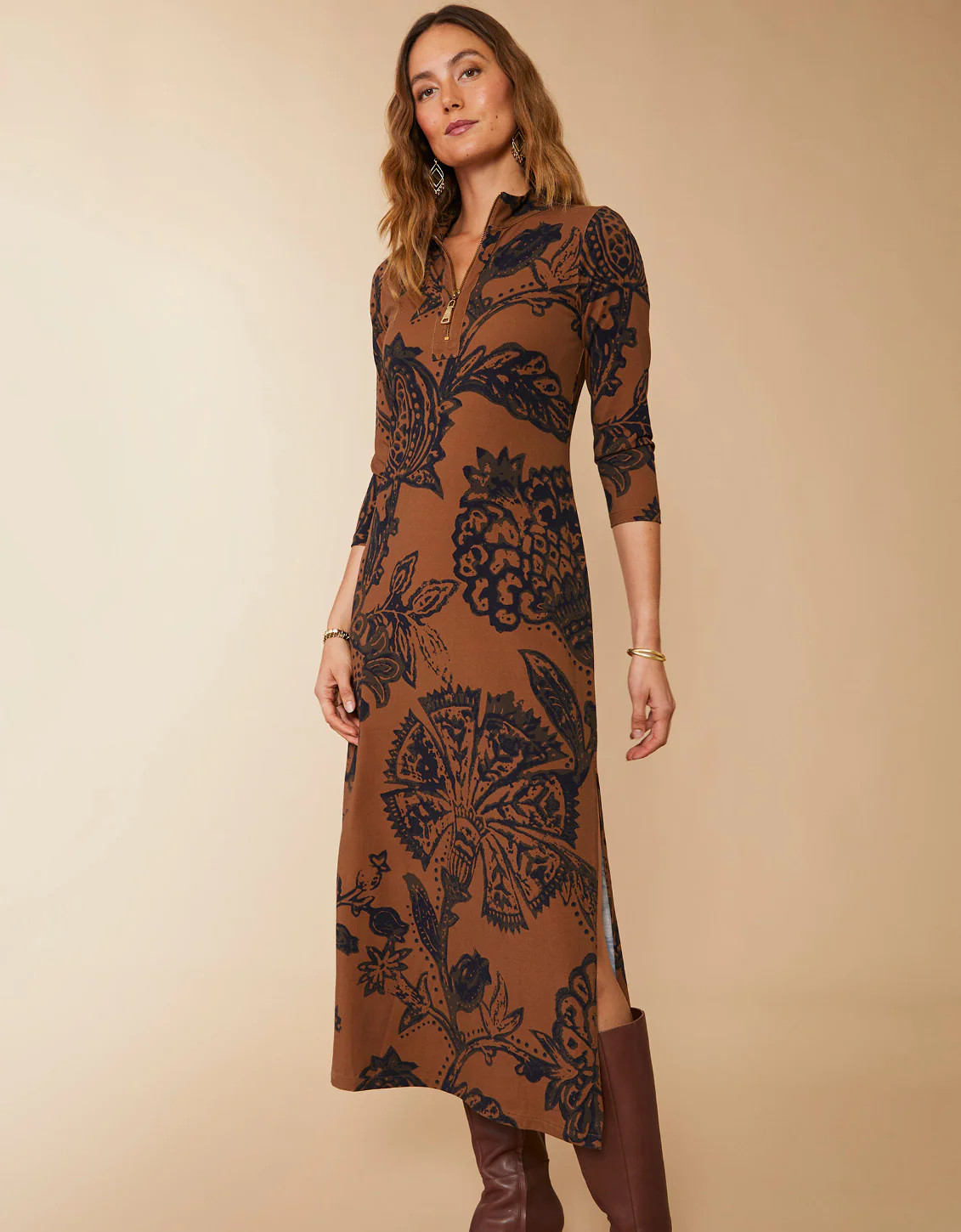Nora Half-Zip Midi Dress Botanic Garden Brown Woodblock Jacobean | Spartina 449