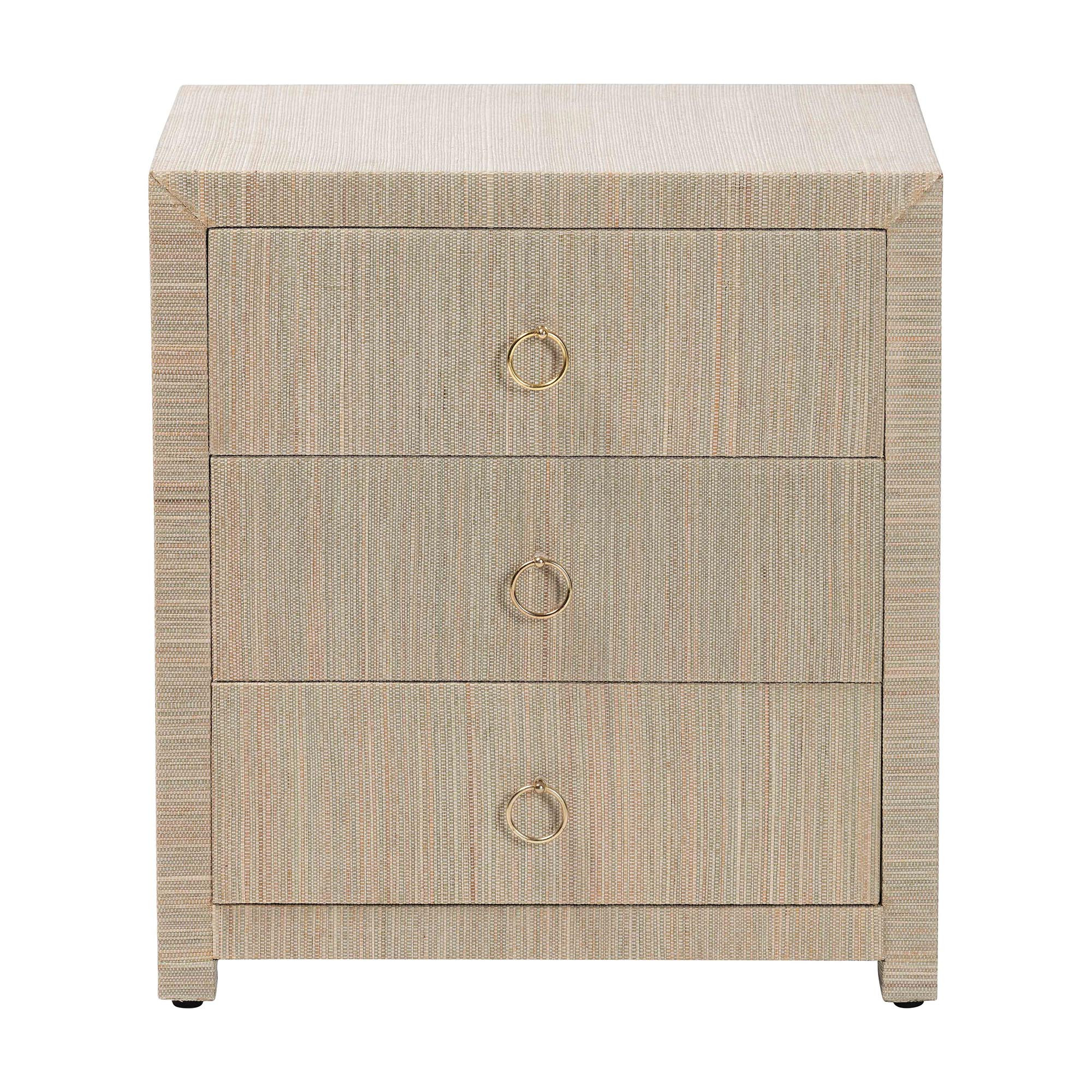 Quinn Woven Grasscloth 3-Drawer Nightstand In Natural and Gold | 1stopbedrooms