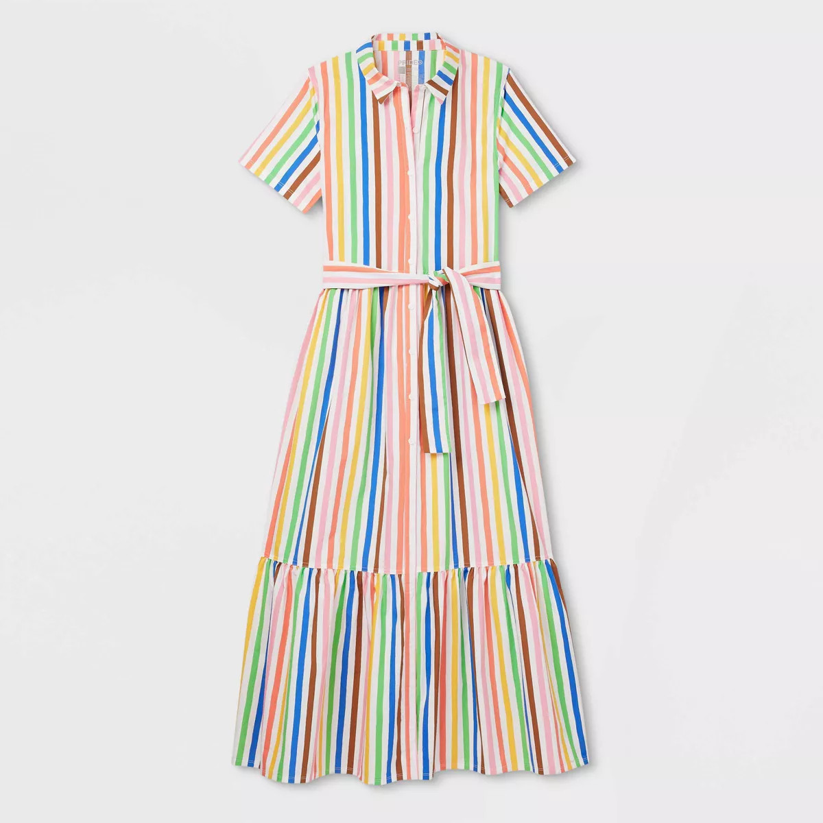Pride Adult Short Sleeve Button-Front Tie Waist Maxi Shirtdress - Rainbow Striped | Target