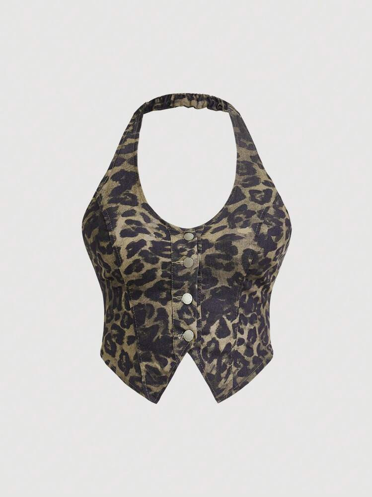 SHEIN ICON Plus Size Denim Spaghetti Strap Tank Top, Cropped Leopard Print, Streetwear | SHEIN