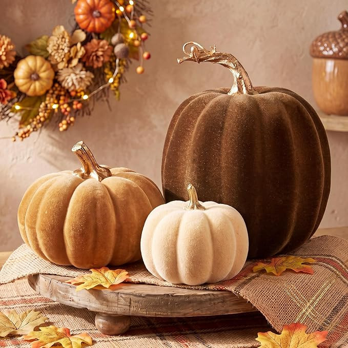 Bucherry 3 Pcs Velvet Pumpkin Decor Set 3D Rustic Fall Faux Foam Pumpkin Tabletop Decor Flocked A... | Amazon (US)