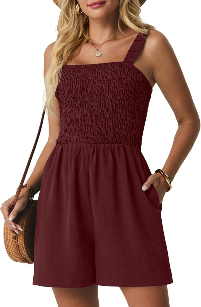 Lepunuo Womens Rompers for Summer Casual Smocked Jumpers Overalls Square Neck Jumpsuits with Pock... | Amazon (US)